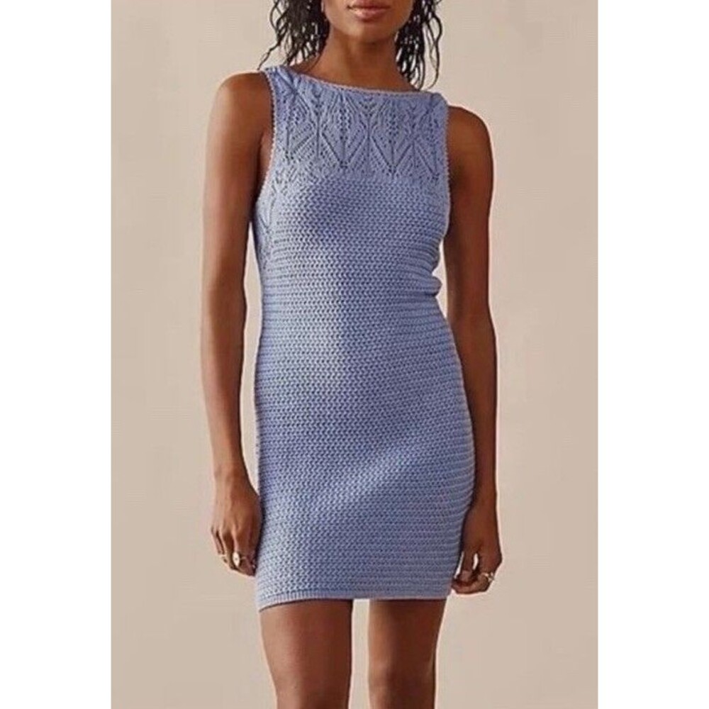 Free People Beach Coastal Open Knit Low Back Cover Up Dress Blue NWT M - Picture 11 of 12